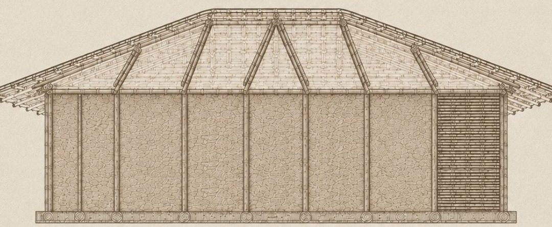 Drawing of an earth and bamboo building with a woven bamboo roof and earth-plastered walls