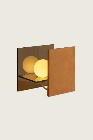 Second view of the handmade lamp with two glowing spheres