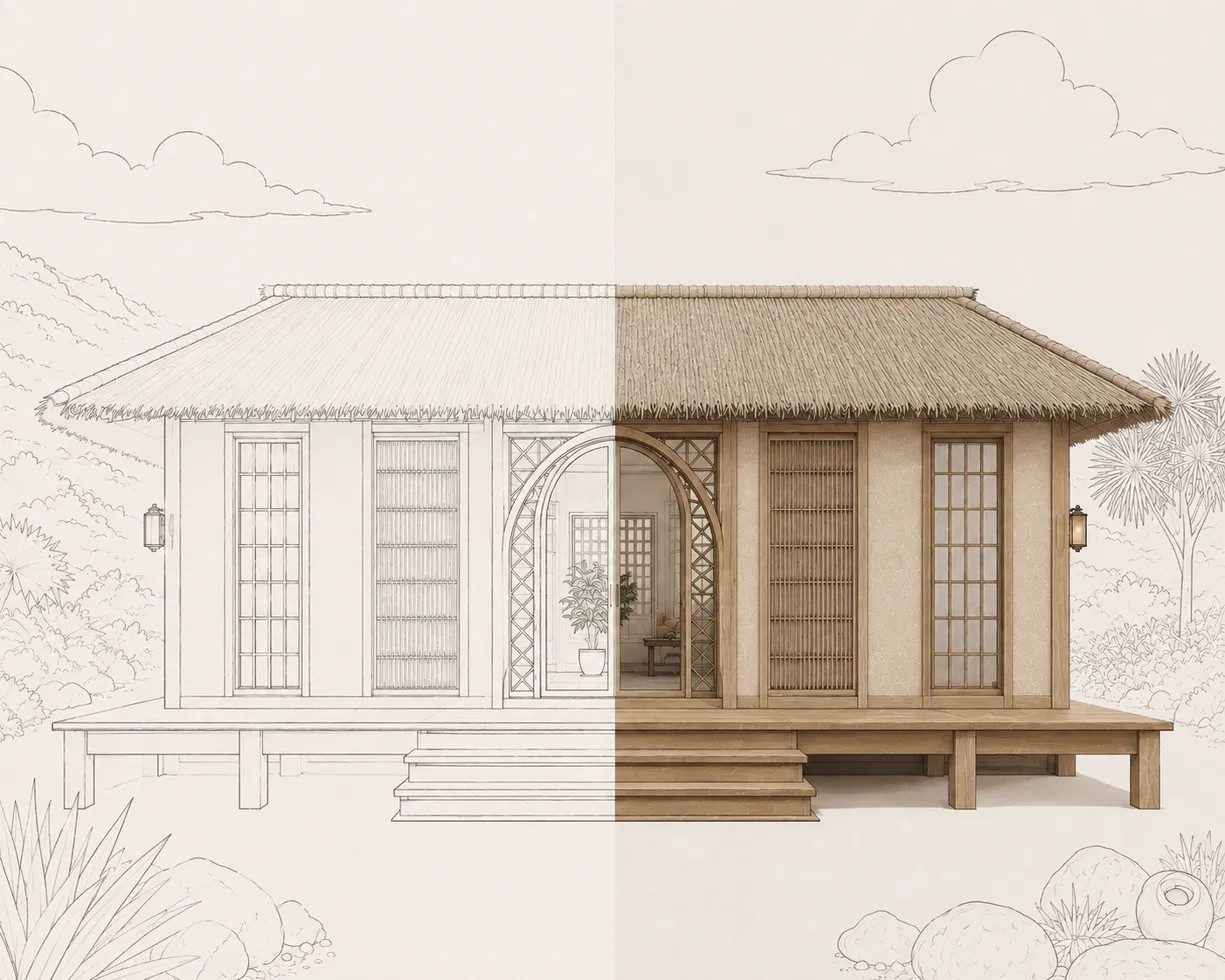 Concept design for a workshop shala in Bali, shown half as a line drawing and half as a finished render